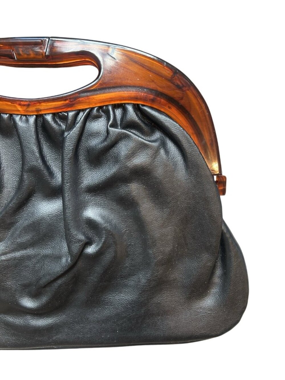 Vintage Black Leather Handbag Tortoiseshell Lucite Frame Clutch Purse Retro MCM - Picture 6 of 16